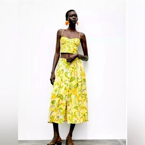 ZARA Printed Linen Crop Top and Skirt Set (Floral Yellow Two-Piece Set, NWT)